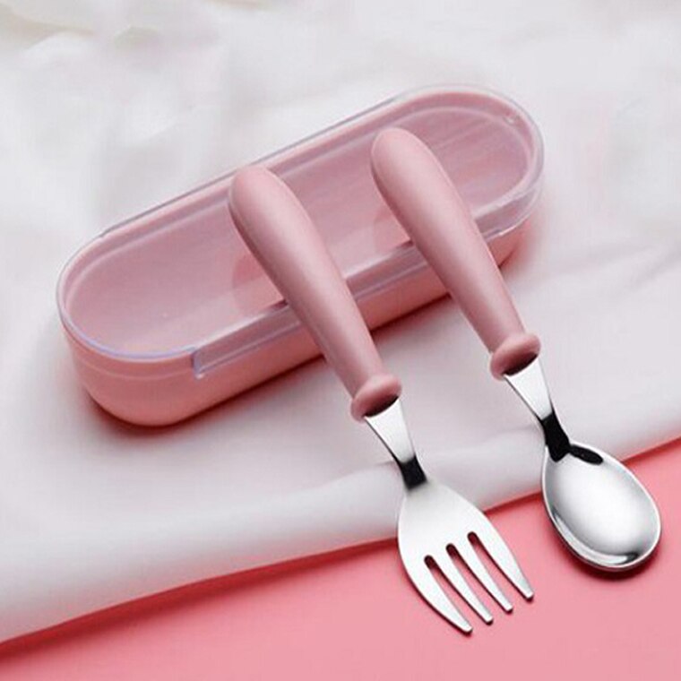 1 Set Baby Dishes Fork + Spoon Stainless Steel Cartoon Cute